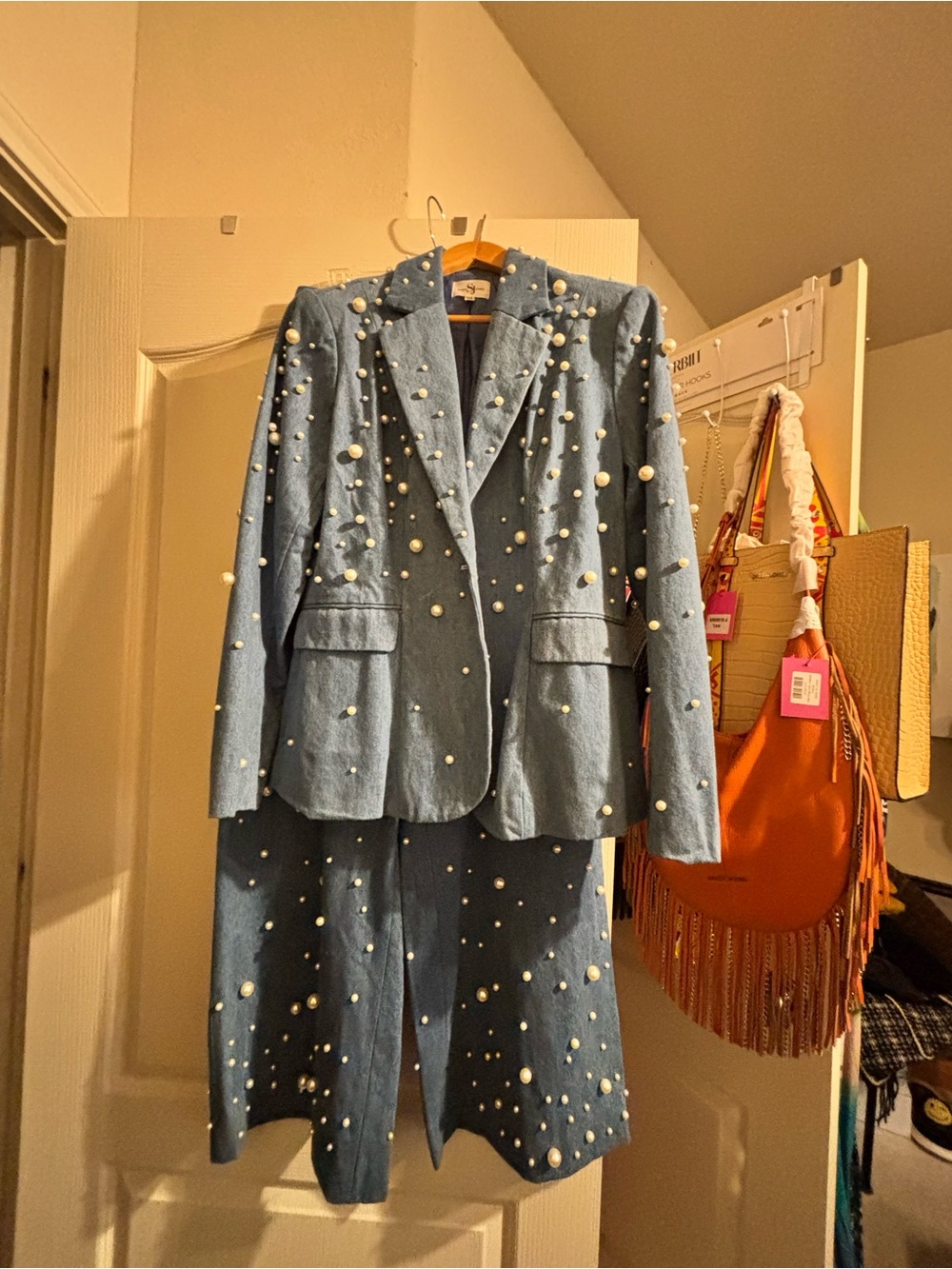 Sassy Jones Light Blue Pearl-Studded Denim Blazer & pants